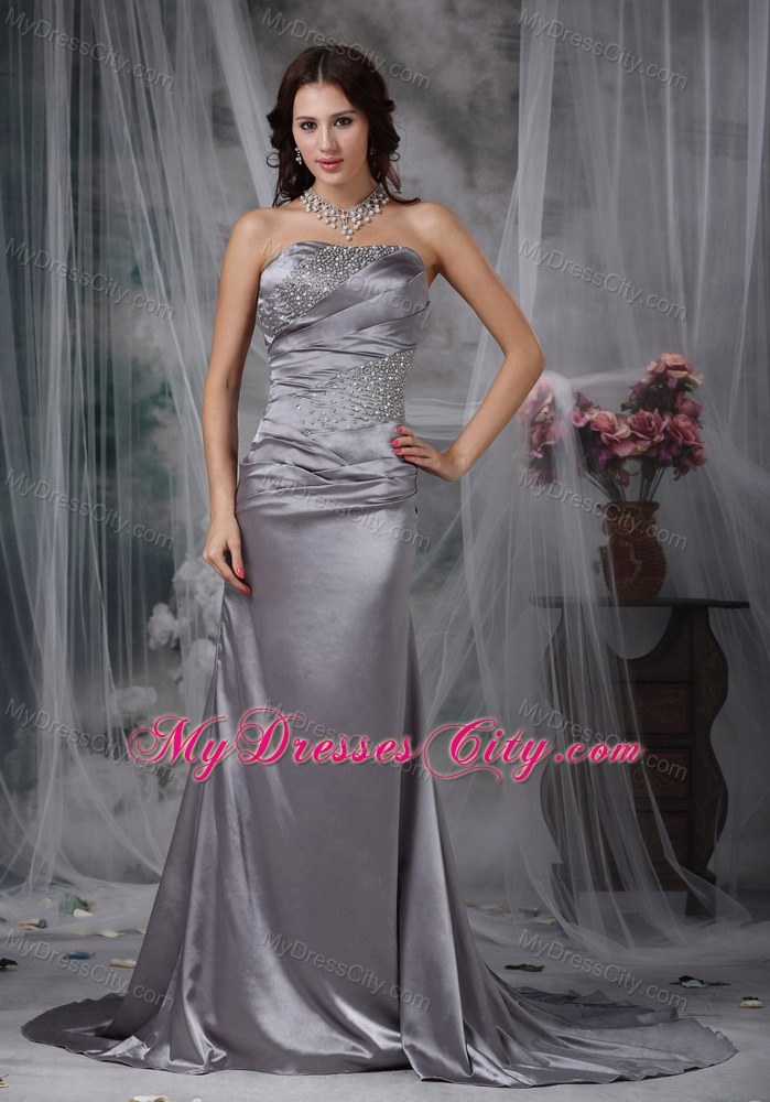 Grey Column Strapless Court Train Beading Evening Formal Gowns