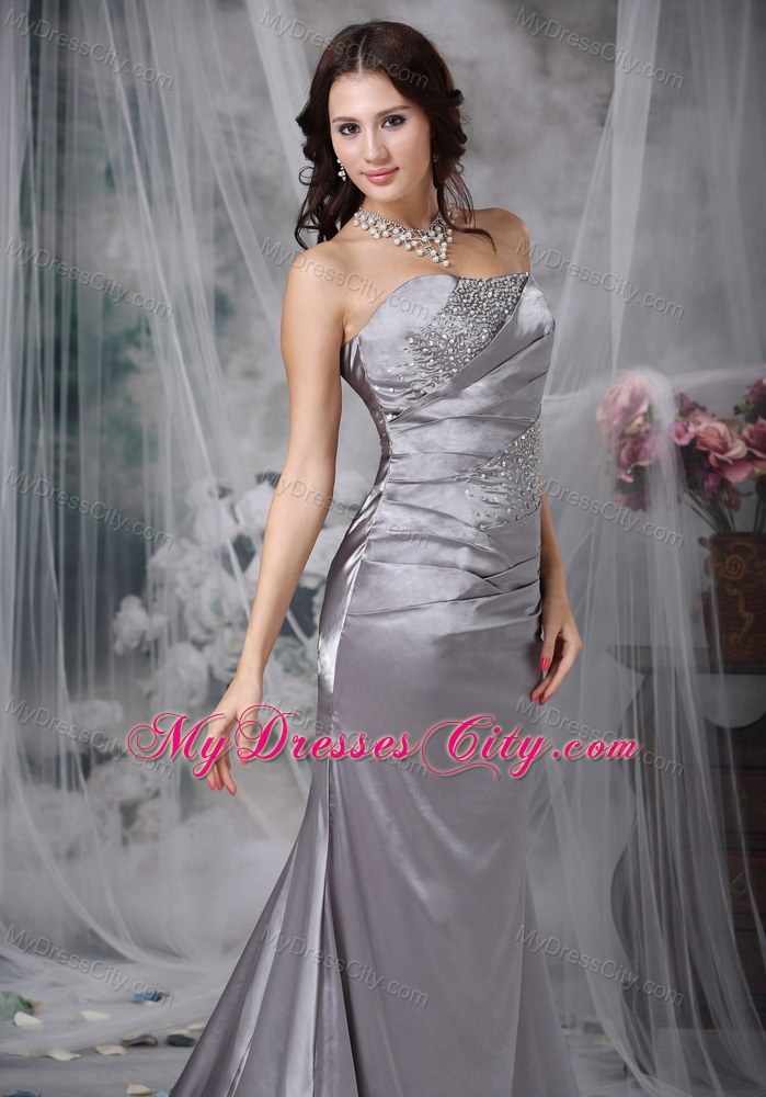 Grey Column Strapless Court Train Beading Evening Formal Gowns