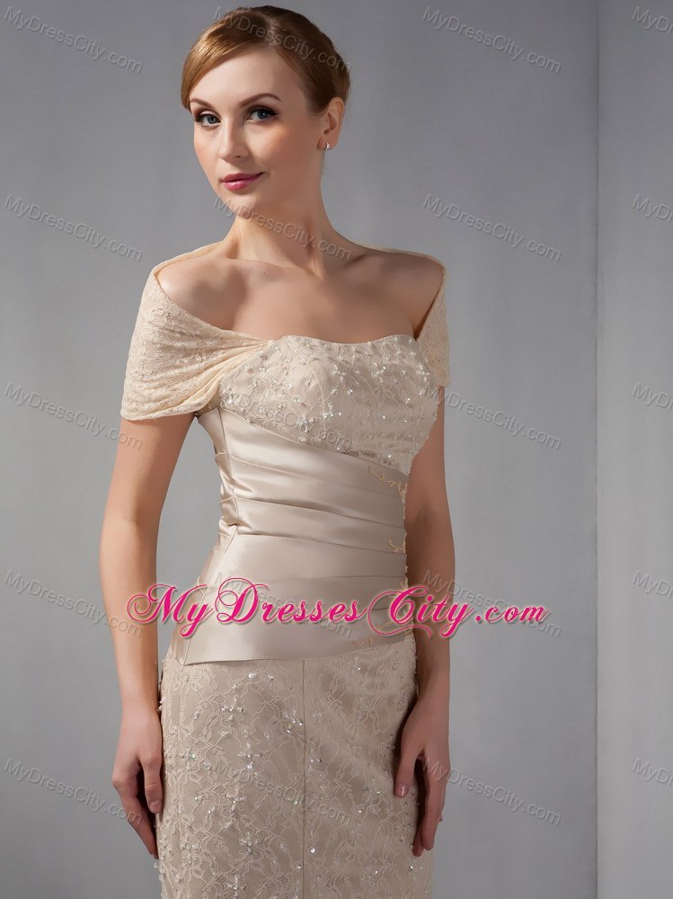 Unique Lace Off Shoulder Beading Mermaid Champagne Evening Dress