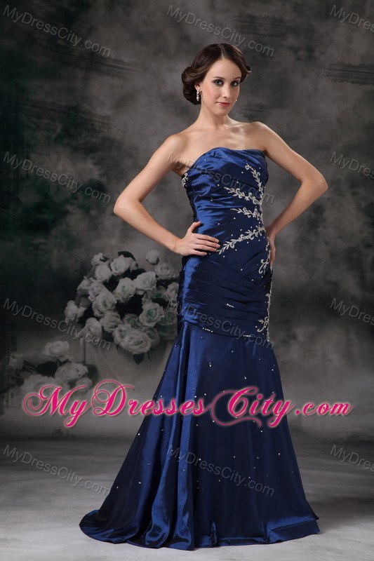 Taffeta Strapless Mermaid Ruched Royal Blue Evening Dress with Brush Train