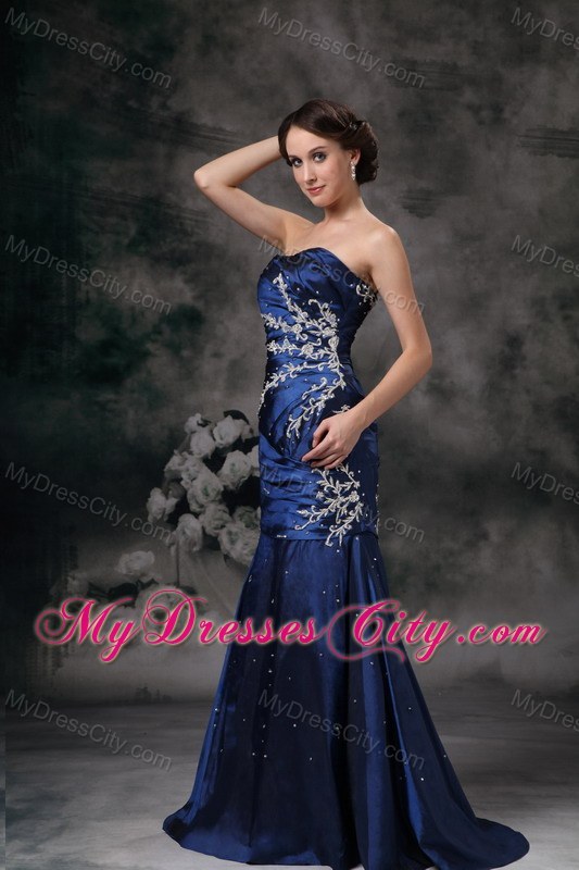 Taffeta Strapless Mermaid Ruched Royal Blue Evening Dress with Brush Train