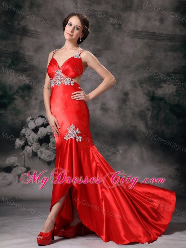 Mermaid Straps Criss Cross Back Red Evening Dress with Appliques
