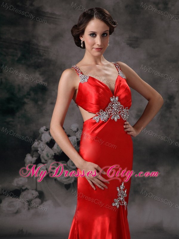 Mermaid Straps Criss Cross Back Red Evening Dress with Appliques