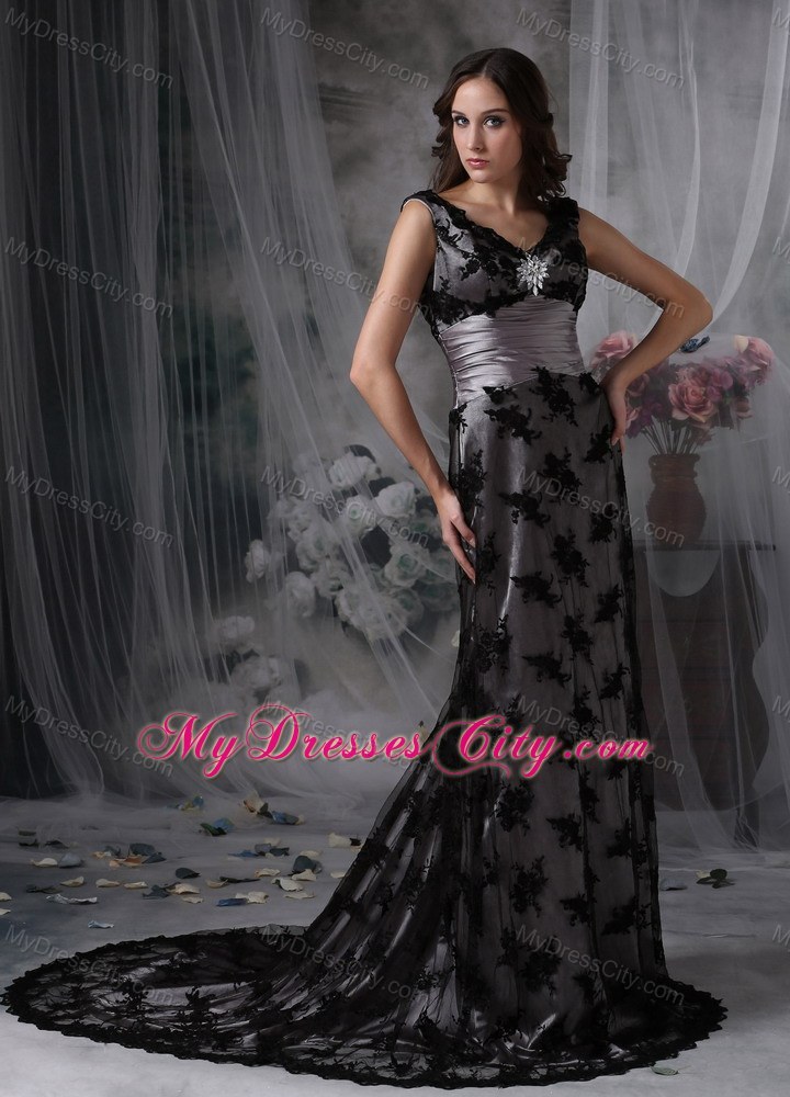 Lace Column V-neck Court Train Black Evening Dress with Beading