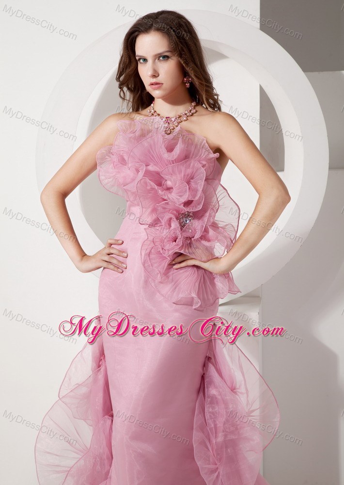 Exquisite Ruffled Mermaid Strapless Rose Pink Evening Dresses