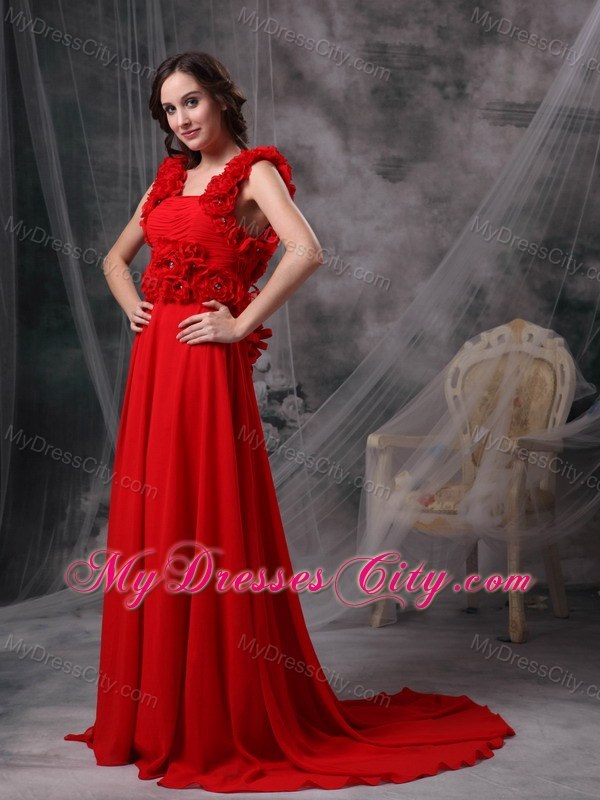 Chiffon A-line Square Red Prom Evening Dress with Hand Flowers