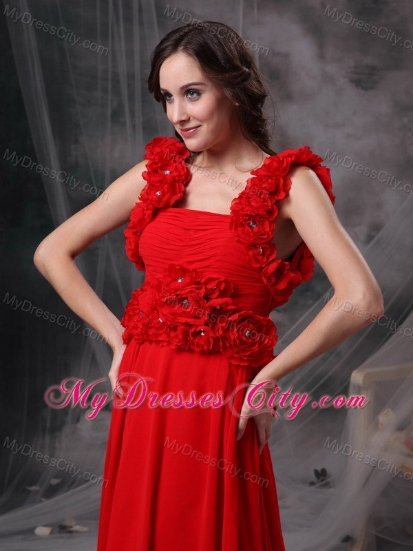 Chiffon A-line Square Red Prom Evening Dress with Hand Flowers