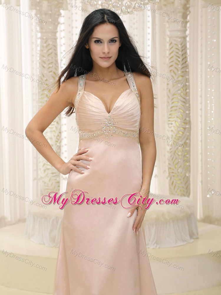 Beaded Straps Ruched Formal Baby Pink Evening Dress with Cutout Back