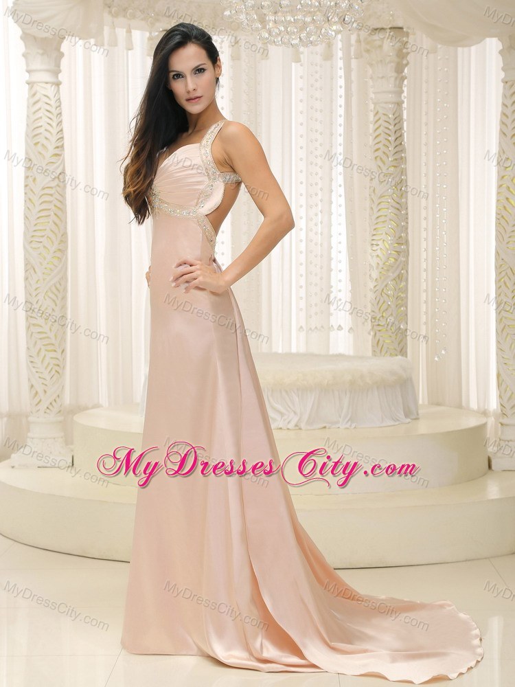Beaded Straps Ruched Formal Baby Pink Evening Dress with Cutout Back