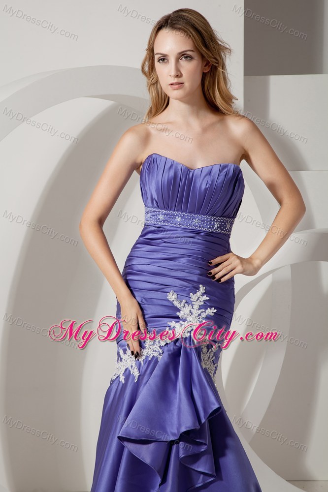 Ruched Mermaid Sweetheart Appliques Court Train Purple Evening Dress