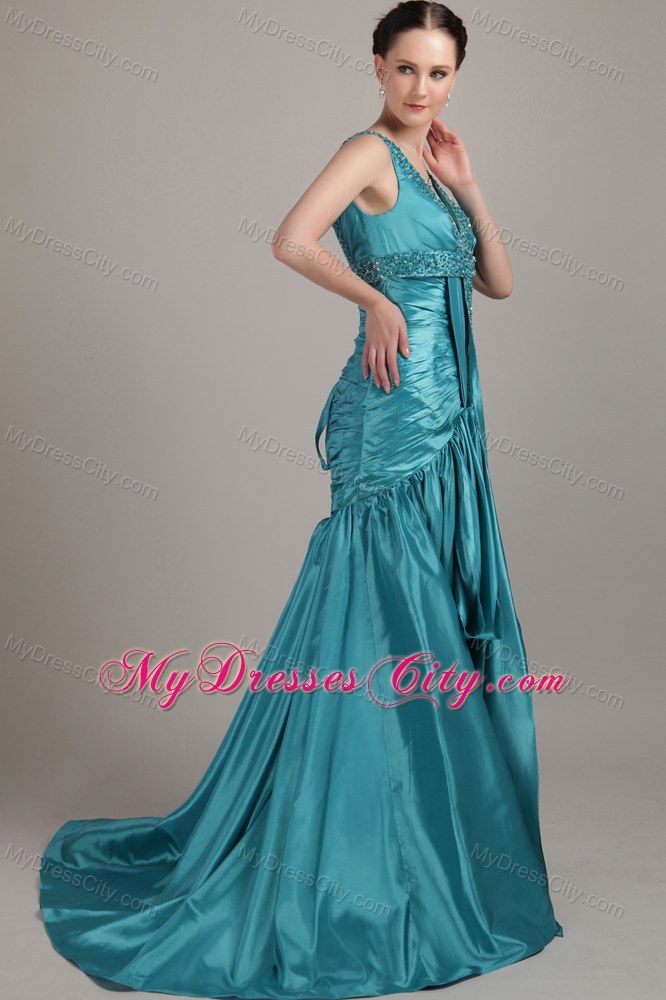 A-line Ruched Beading V-neck Court Train Teal Evening Dress