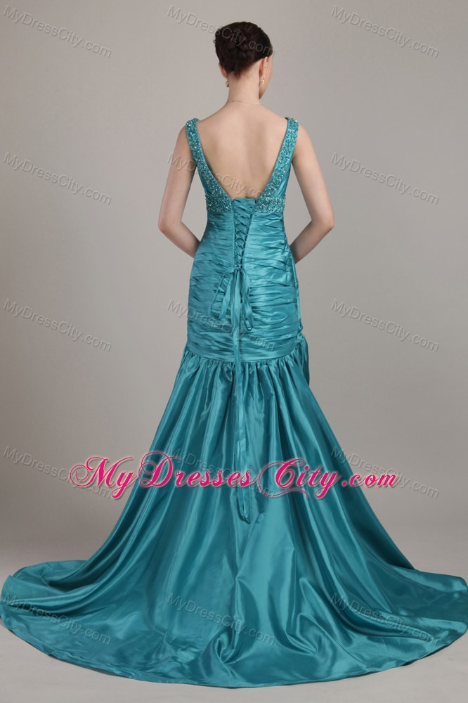 A-line Ruched Beading V-neck Court Train Teal Evening Dress