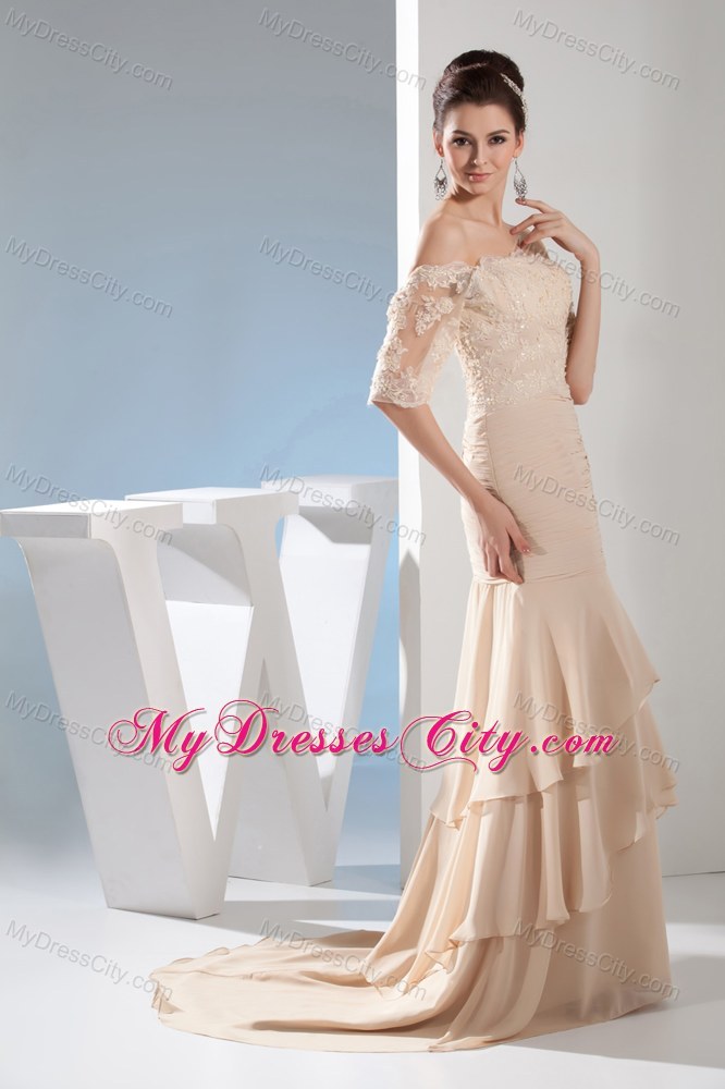 Champagne Lace Mermaid Off The Shoulder Evening Gowns