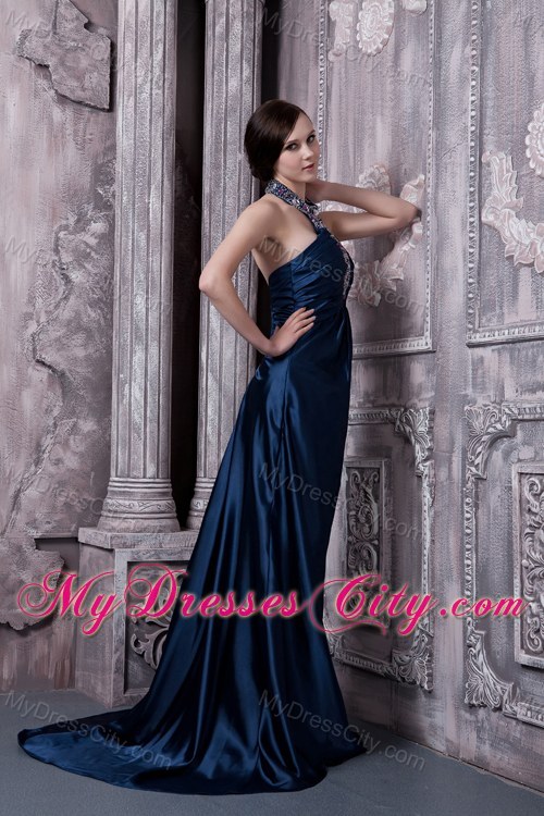 Navy Blue Train Backless Evening Dresses with Jeweled Neckline
