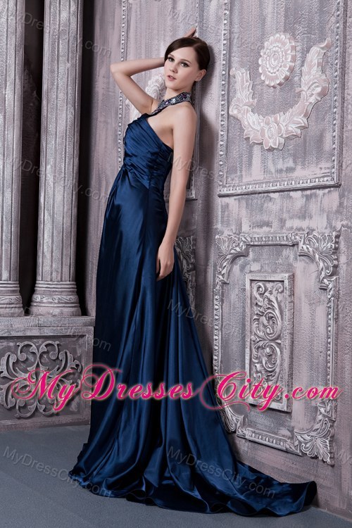 Navy Blue Train Backless Evening Dresses with Jeweled Neckline
