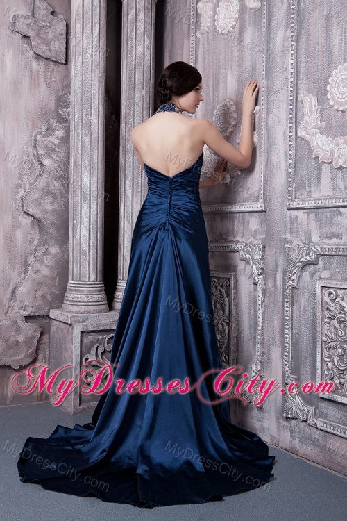 Navy Blue Train Backless Evening Dresses with Jeweled Neckline