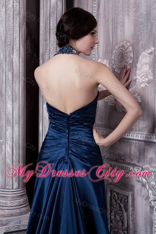 Navy Blue Train Backless Evening Dresses with Jeweled Neckline