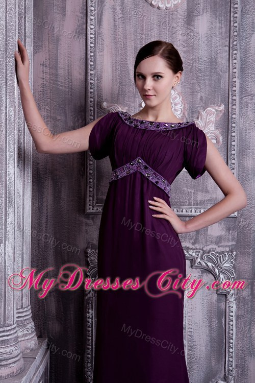 Beaded Dark Purple Bateau Evening Dress with Short Sleeves