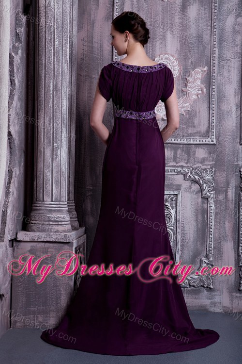 Beaded Dark Purple Bateau Evening Dress with Short Sleeves