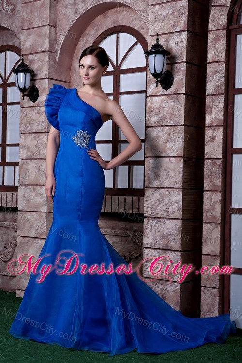 Blue Mermaid Beading Evening Dress with One Ruffle Shoulder