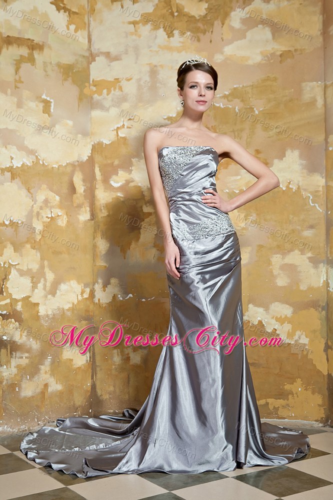 Beaded Strapless Grey Evening Party Dress with Train