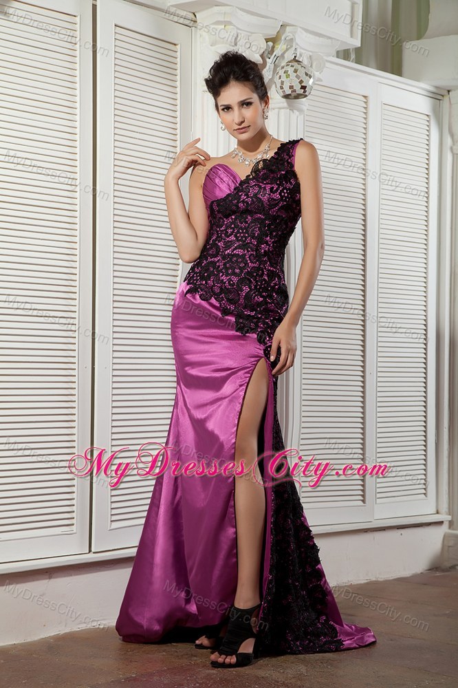 Lace One Shoulder Rose Pink Evening Dress with High Slit