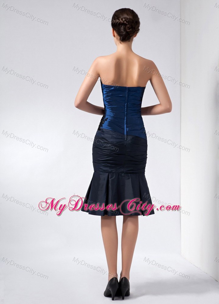 Navy Blue Strapless Beading Appliques Knee-length Mother Bride Guests Dress