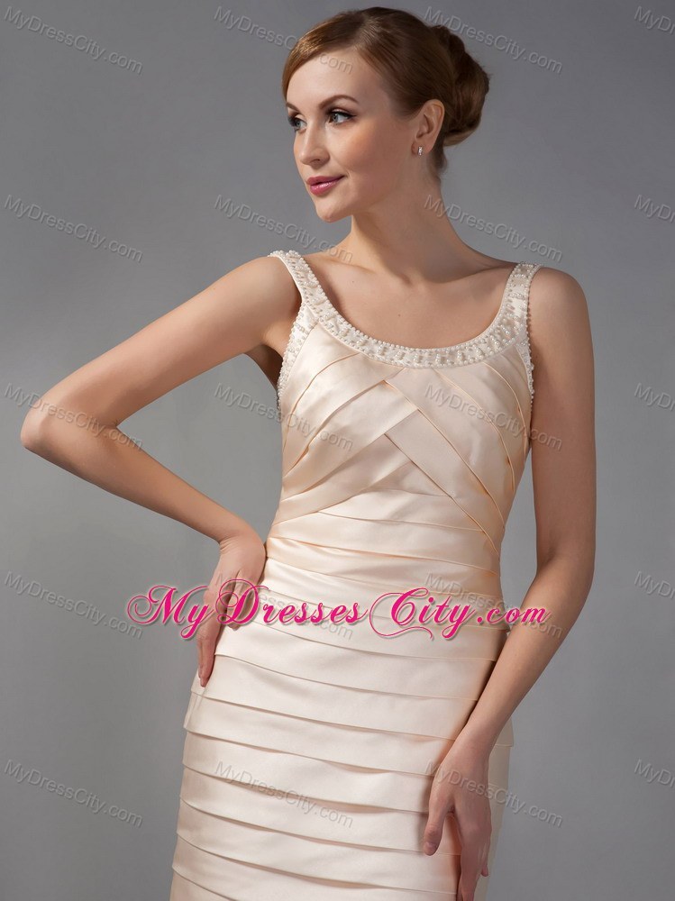Scoop Knee-length Champagne Beaded neckline Mother Dress with Ruching