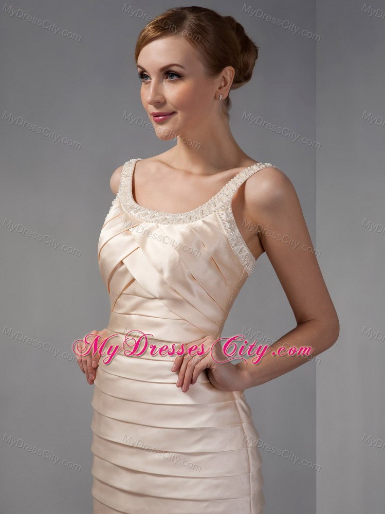 Scoop Knee-length Champagne Beaded neckline Mother Dress with Ruching