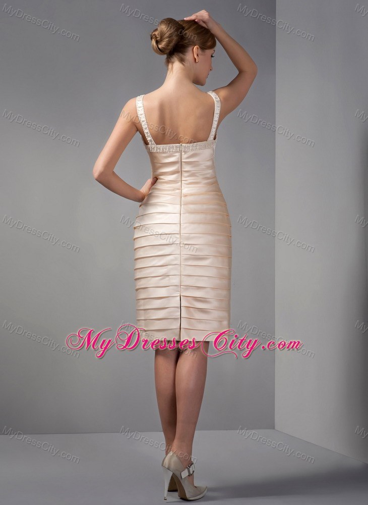 Scoop Knee-length Champagne Beaded neckline Mother Dress with Ruching