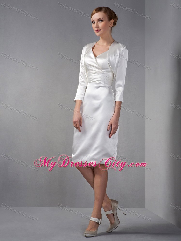 Pure Ruched V-neck Knee-length Taffeta Wedding Outfits for Groom Mothers