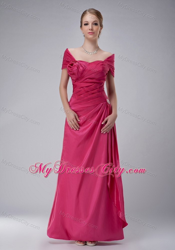 Off The Shoulder Ruche Rose Pink Ankle-length Taffeta Mother Bride Dress