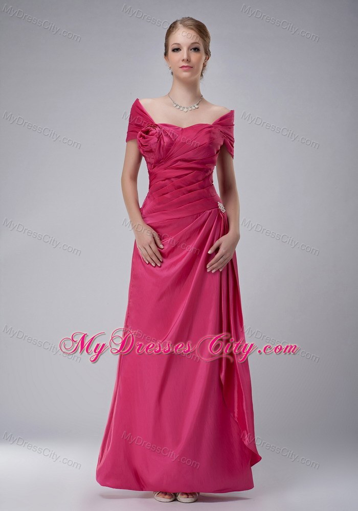 Off The Shoulder Ruche Rose Pink Ankle-length Taffeta Mother Bride Dress