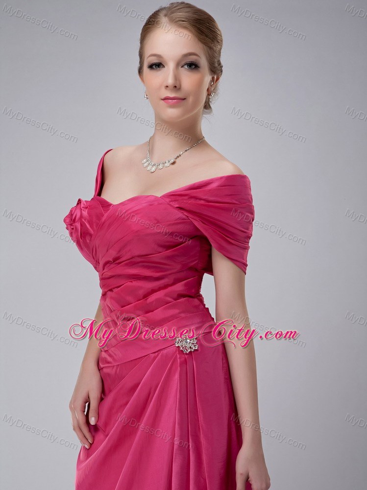 Off The Shoulder Ruche Rose Pink Ankle-length Taffeta Mother Bride Dress