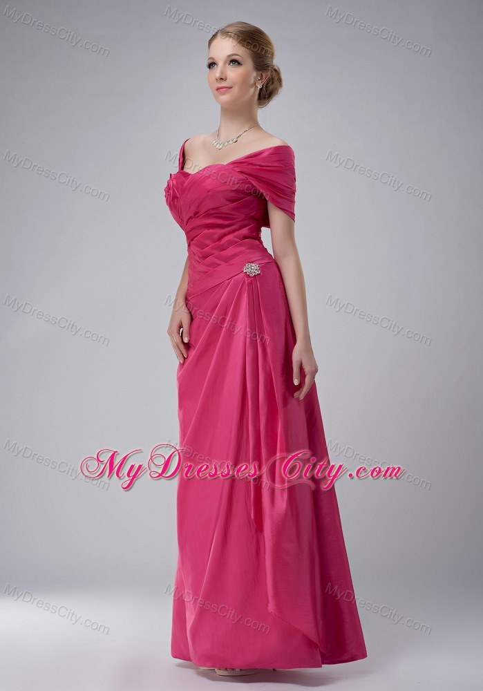 Off The Shoulder Ruche Rose Pink Ankle-length Taffeta Mother Bride Dress