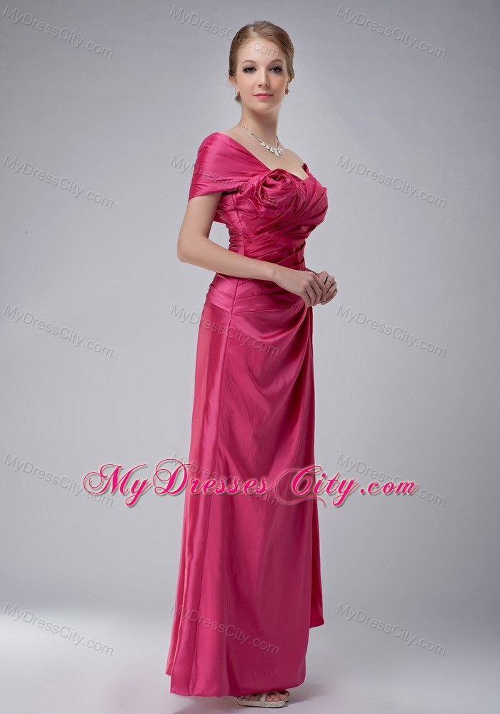 Off The Shoulder Ruche Rose Pink Ankle-length Taffeta Mother Bride Dress