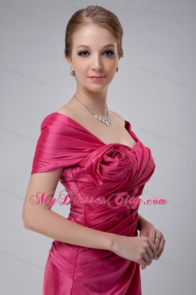 Off The Shoulder Ruche Rose Pink Ankle-length Taffeta Mother Bride Dress