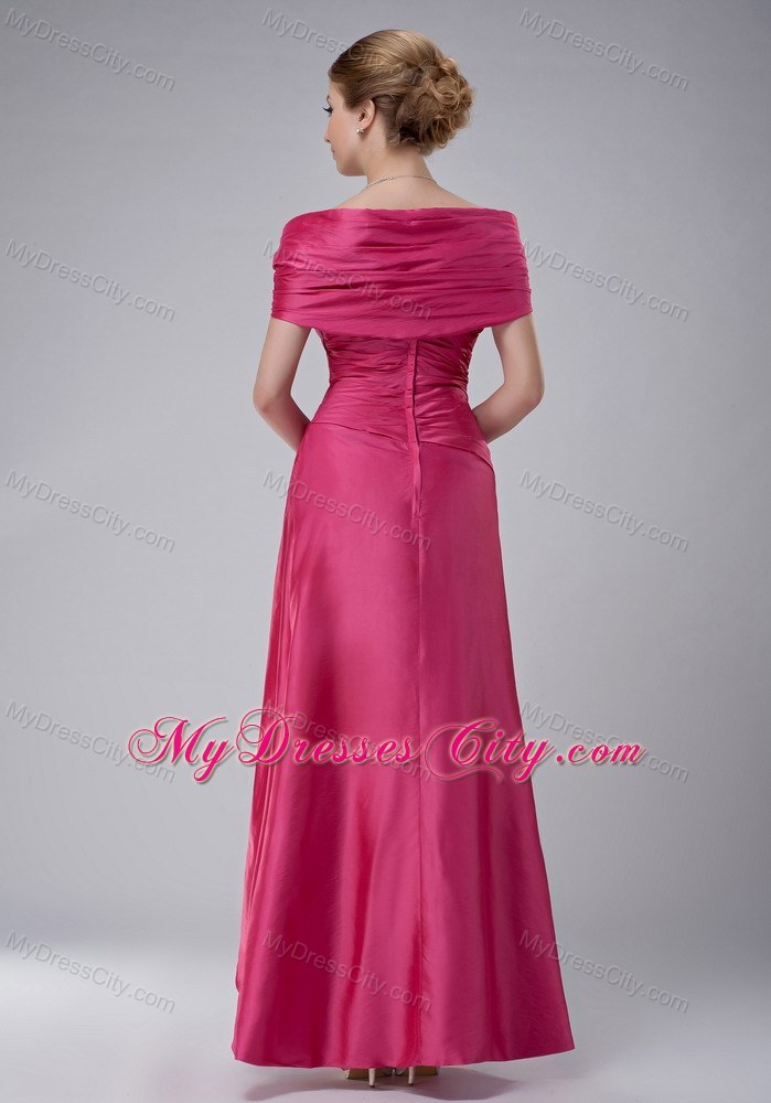 Off The Shoulder Ruche Rose Pink Ankle-length Taffeta Mother Bride Dress