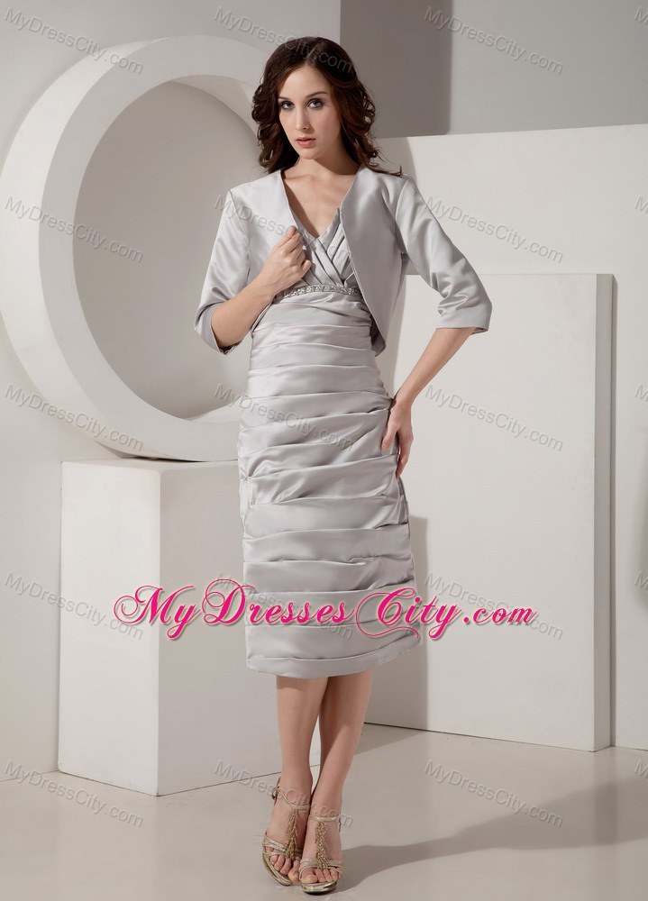 Ruched V-Neck Tea-length Taffeta Wedding Mother Outfits with Jacket