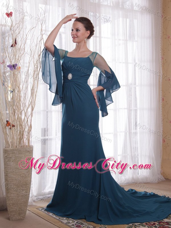 Square Neck Sweep Train Mother of the Bride Dress with flowing Sleeves