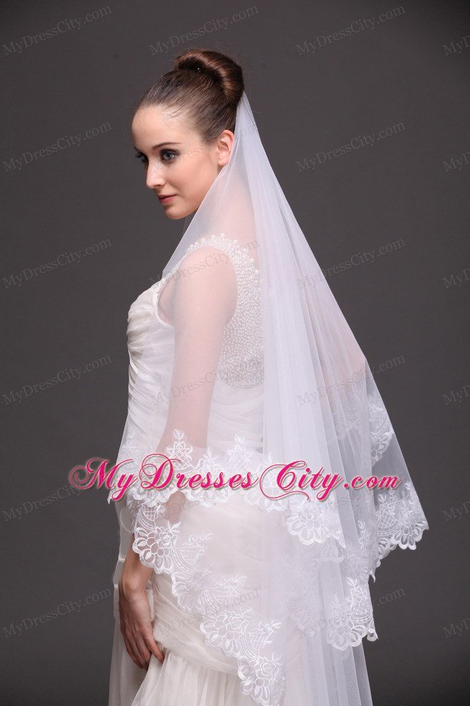 Lace Appliques Two-tier Tulle Drop Veil For Wedding