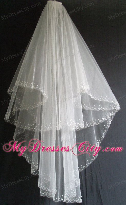 Embroidery and Beading Decorate Tulle Two Layers Wedding Veils