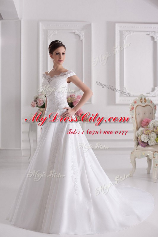 Off the Shoulder White Sleeveless Court Train Beading and Appliques Wedding Gowns