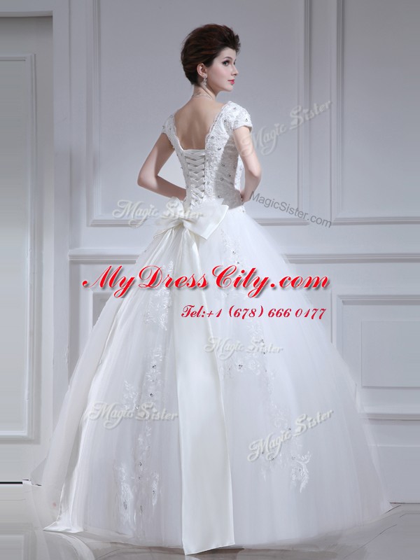 White A-line Beading and Appliques and Sashes ribbons and Bowknot Bridal Gown Lace Up Tulle Sleeveless Floor Length