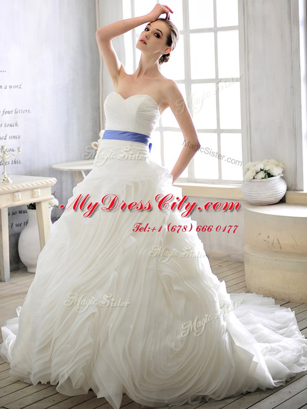 White Ball Gowns Organza Sweetheart Sleeveless Sashes ribbons With Train Lace Up Wedding Dress Court Train