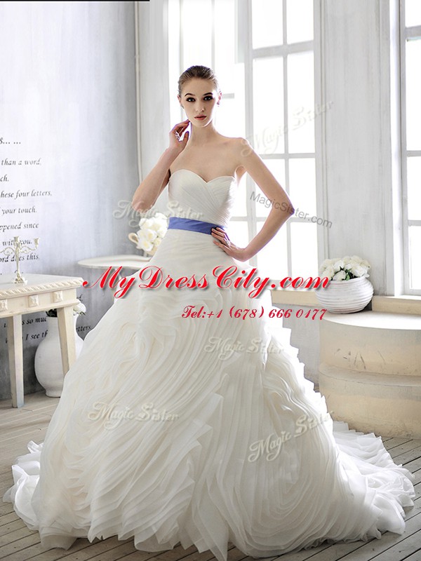 White Ball Gowns Organza Sweetheart Sleeveless Sashes ribbons With Train Lace Up Wedding Dress Court Train