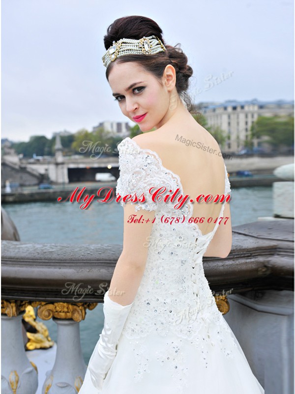 White A-line Organza V-neck Short Sleeves Beading and Lace and Appliques With Train Lace Up Wedding Dress Sweep Train