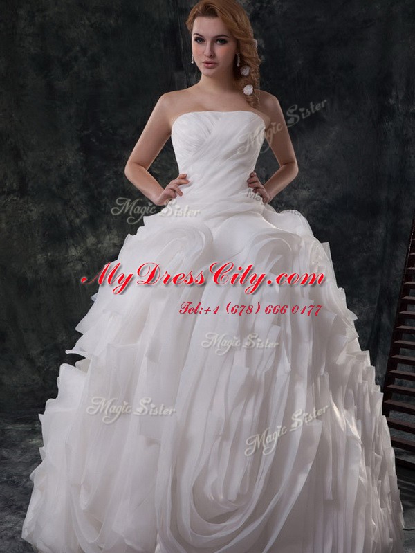 Amazing Brush Train Ball Gowns Wedding Gown White Strapless Organza Sleeveless With Train Lace Up
