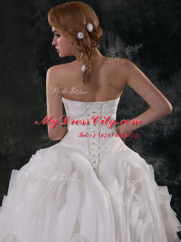 Amazing Brush Train Ball Gowns Wedding Gown White Strapless Organza Sleeveless With Train Lace Up