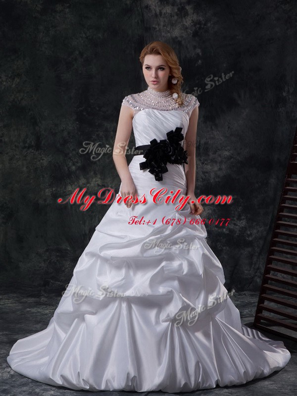 Pick Ups White Cap Sleeves Taffeta Brush Train Lace Up Wedding Dress for Wedding Party